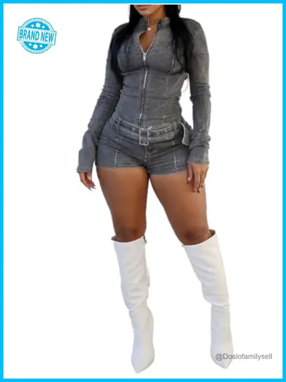 2 Piece Denim Outfits Long Sleeve Zip Up Cropped Jacket Skinny Shorts Set with